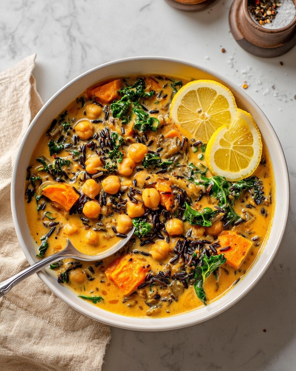 A white bowl filled with a creamy orange curry thick with chunks of cooked sweet potato, green spinach leaves, chickpeas, and black wild rice scattered throughout. A metal spoon lifts a scoop of the curry, showing layers of soft orange sweet potato pieces, bright green spinach, round beige chickpeas, and black rice grains, all mixed in a rich, smooth sauce. The bowl sits on a white marbled surface in natural light. photo taken with an iphone --ar 4:5 --v 7