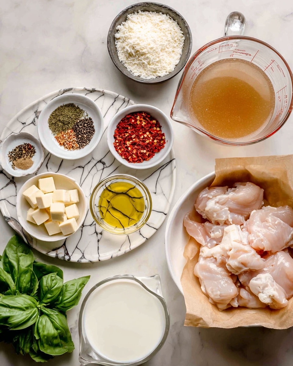 The image shows various cooking ingredients laid out on a white marbled surface. On the right, there is a white bowl lined with light brown parchment paper holding several pieces of raw light pink chicken. Above that, a glass measuring cup filled with light brown broth is visible. To its right is a small dark bowl with a white powder inside. On the left side of the image are several small white and clear bowls arranged on a round white tray with black lines. These bowls hold different spices and ingredients: one has black pepper, dried herbs, and salt; another contains crushed red pepper flakes; a third has crushed garlic; one holds small slabs of pale yellow butter, and another is filled with golden olive oil. Below the tray is a glass jug filled with white cream. A small bowl with finely grated white cheese sits near the bottom left corner, next to fresh green basil leaves. The setup is clean and organized, with the ingredients ready for cooking. Photo taken with an iphone --ar 4:5 --v 7