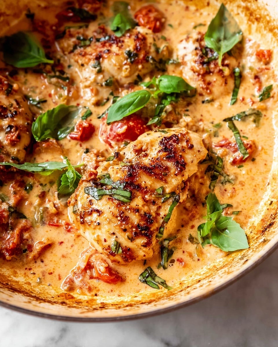 The image shows a close-up of cooked seasoned chicken pieces in a creamy sauce, with visible small red tomato chunks and herbs mixed throughout the sauce. The chicken is golden brown with some charred spots, and the sauce is thick, light orange in color, surrounding and partly covering the chicken. Fresh green basil leaves are scattered on top of the chicken and sauce, adding a fresh touch of green. The dish is inside a white pot with food residue on the sides, sitting on a white marbled surface. Photo taken with an iphone --ar 4:5 --v 7