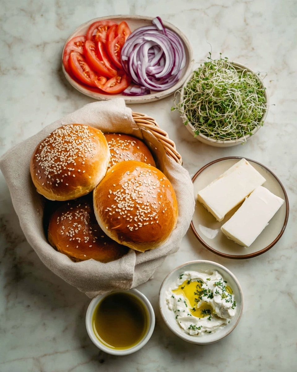 The image shows a basket lined with a light beige cloth holding four shiny sesame seed buns stacked closely together. Surrounding the basket are five small white plates and bowls with different ingredients: one plate holds several bright red tomato slices arranged in a neat circle, another bowl contains thinly sliced purple onion rings, a third bowl has fresh green sprouts loosely piled, a fourth plate displays three large white blocks of cheese next to a small bowl of olive oil, and the last bowl contains a creamy white sauce with herbs and a drizzle of olive oil on top. The items are all placed on a white marbled surface photo taken with an iphone --ar 4:5 --v 7