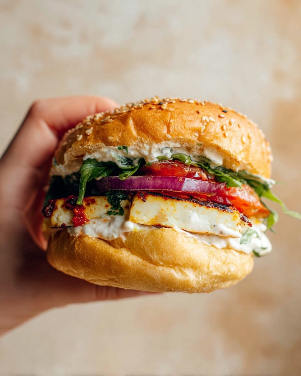 A close-up view of a sandwich held by a woman's hand, showing a sesame seed bun with a golden-brown top layer. Inside, from bottom to top, there is a layer of fresh green leafy herbs, a thick white soft grilled paneer with some char marks, purple onion slices, red tomato chunks, and a layer of white creamy sauce spread unevenly. The background has a soft, creamy beige color with a textured look. photo taken with an iphone --ar 4:5 --v 7