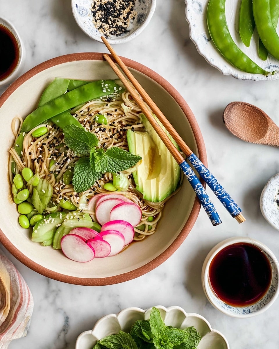 A white bowl with a light brown rim holds a noodle dish with several layers: at the base, light tan noodles, on one side bright green snap peas, in the center thin green avocado slices fanned out, and near them round slices of pale yellow and pink radish. The dish is topped with bright green mint leaves, black and white sesame seeds, and scattered edamame beans. Resting on the bowl's edge are light brown chopsticks with blue decoration. Around the bowl, on a white marbled surface, are small white dishes with black and white sesame seeds, dark sauce with a wooden spoon, fresh green snap peas on a white scalloped plate, and a small dish with green mint leaves. photo taken with an iphone --ar 4:5 --v 7
