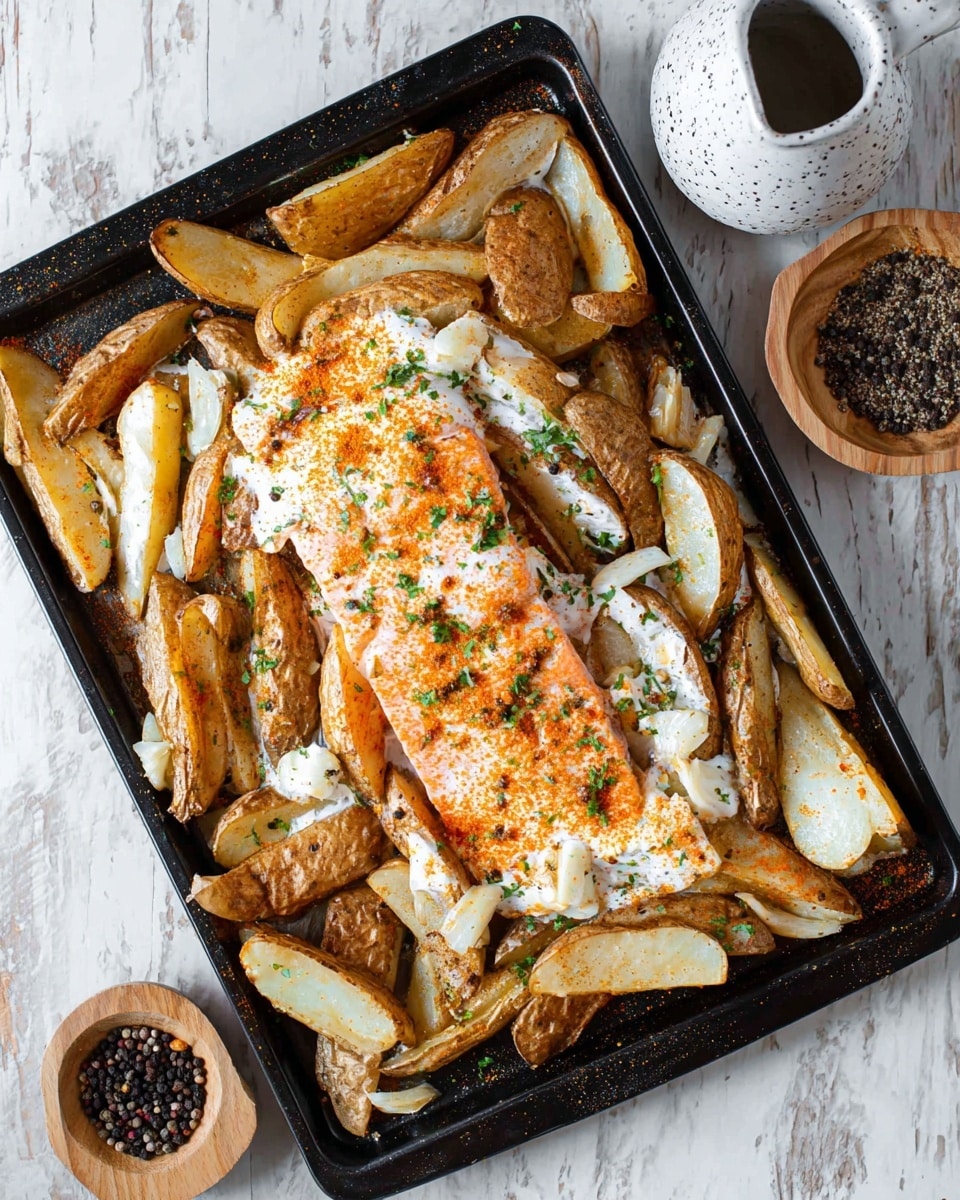 A black baking tray filled with potato wedges and a large piece of salmon in the center. The potato wedges have a mix of light brown skin with white flesh, scattered around the tray in one layer. The salmon is covered with a white creamy layer with some orange spice powder sprinkled over it. Small bits of chopped garlic and green herbs are spread across both the salmon and potatoes. The tray is set on a white marbled surface, with a small speckled white jug and a small wooden bowl containing black peppercorns nearby. photo taken with an iphone --ar 4:5 --v 7