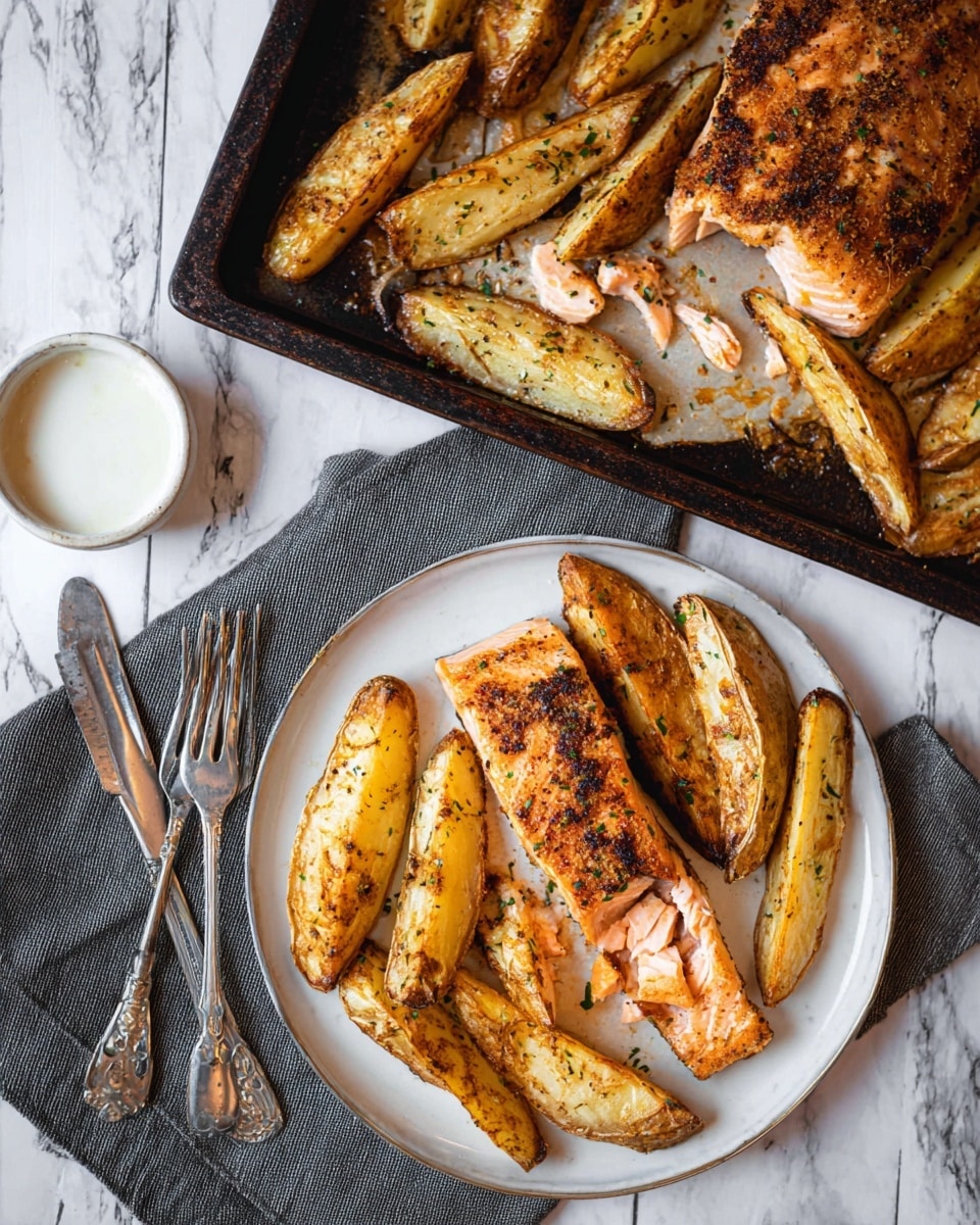 A large metal baking tray with one thick, cooked salmon fillet placed near the center, showing a light orange color with darker char marks and herbs sprinkled over it; around the salmon, thick potato wedges with golden brown and slightly blackened spots are spread unevenly along the edges; the tray rests on a white marbled surface, and in the background, there is a white plate with more salmon and potato wedges that appear slightly blurred. photo taken with an iphone --ar 4:5 --v 7