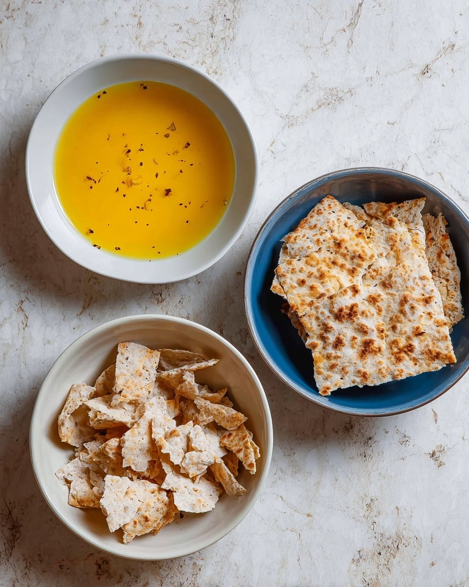 The image shows three white bowls on a white marbled surface. The bowl on the left is filled with a yellow liquid with small black specks floating on top. The bowl on the right contains a whole piece of flat, crispy bread that is light brown with darker spots. The third bowl at the bottom center is filled with broken pieces of similar flat bread that are scattered inside the bowl. photo taken with an iphone --ar 4:5 --v 7