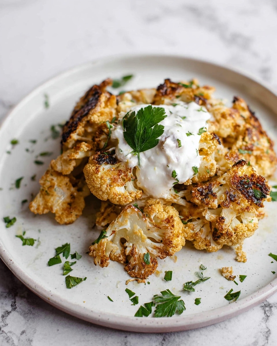 The dish shows a single layer of uneven pieces of light golden-brown fried cauliflower with some charred edges, placed loosely on a white plate. On top, in the center, there is a dollop of white creamy sauce, garnished with a small green parsley leaf. Around the cauliflower on the plate, there are a few scattered small parsley leaves. The background is a white marbled texture. photo taken with an iphone --ar 4:5 --v 7