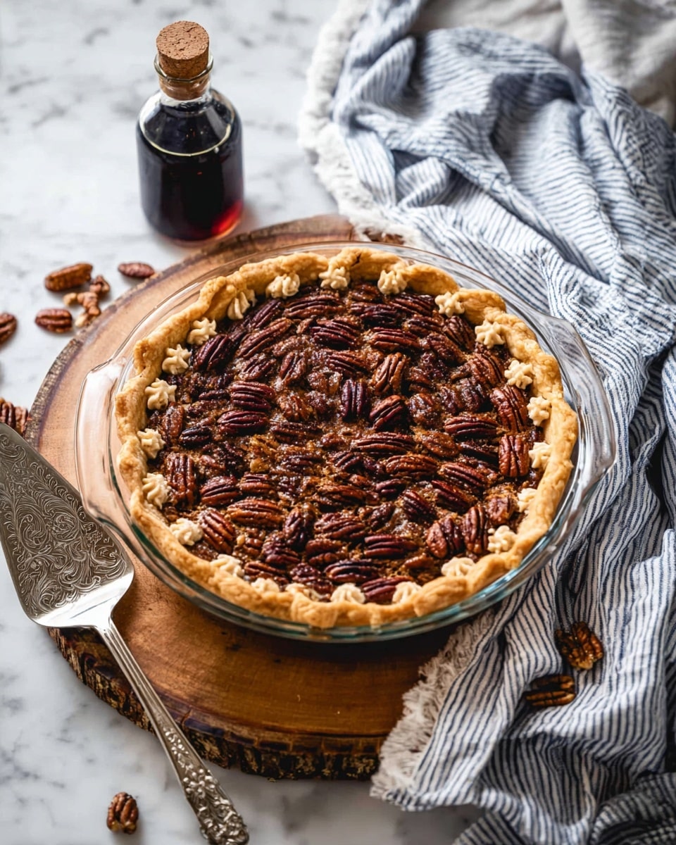 A glass pie dish holds a pecan pie with two clear layers: a light golden brown filling topped with a dense layer of shiny whole pecans arranged evenly. Around the edge of the pie, small swirls of light caramel-colored cream decoratively frame the top, contrasting with the darker center. The dish sits on a round, rustic wooden board, partly covered by a white and blue striped cloth, all placed on a white marbled surface. Next to the pie is a vintage silver pie server with intricate designs, and behind the pie is a small glass bottle with dark liquid and a cork stopper. photo taken with an iphone --ar 4:5 --v 7