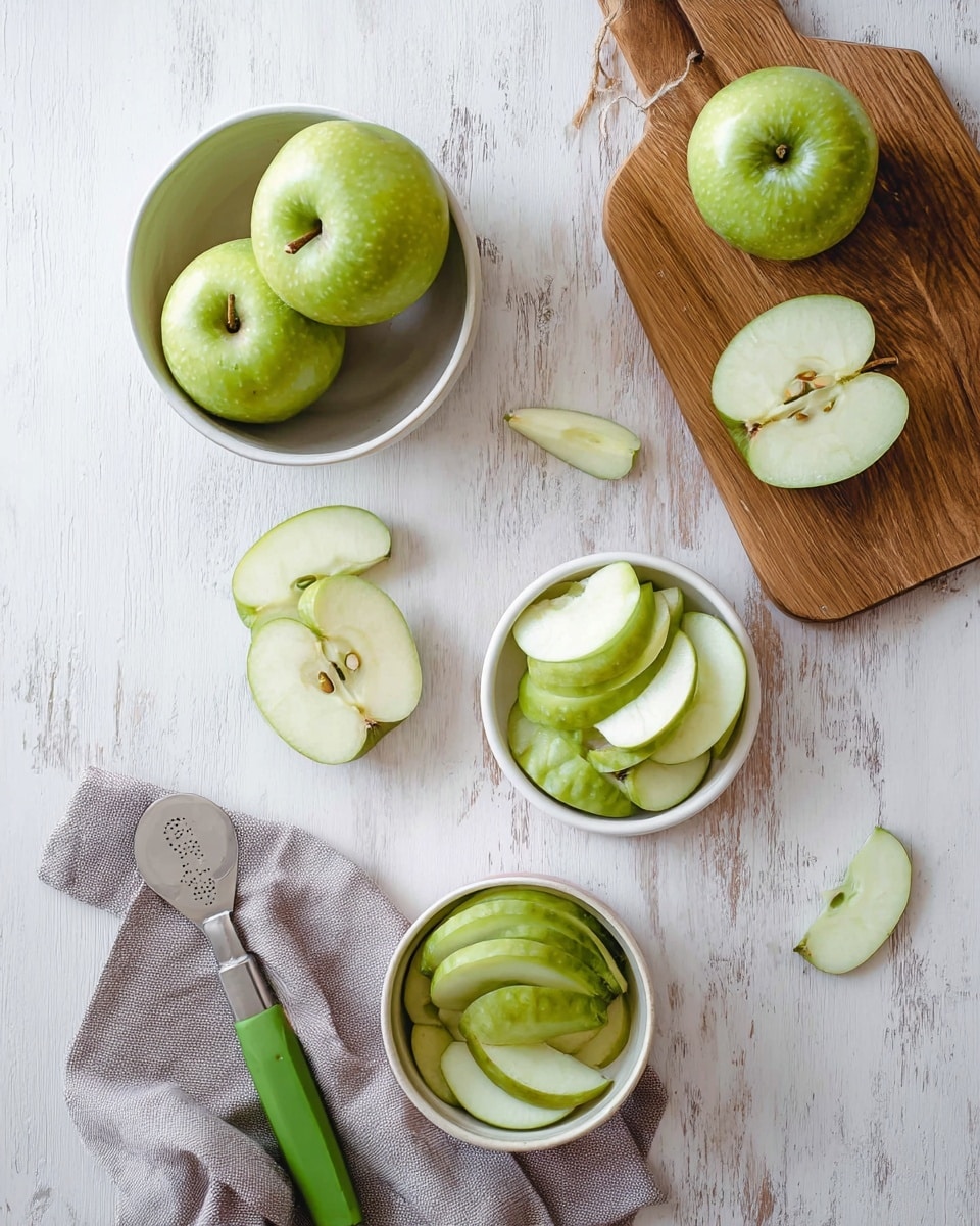 The image shows several green apples sliced and placed on different white dishes on a white marbled textured table. At the bottom left, a bowl holds four whole green apples. Above it, a wooden cutting board has two green apple halves and three thin apple slices laid flat. To the right, a small white bowl contains green apple slices arranged in a semi-circle, with one half apple resting on the edge. Above this bowl, a smaller white bowl holds a few thick green apple slices stacked inside. Near the center, a single green apple slice lies flat on the table next to a green-handled peeler. A grey cloth is partially visible under the bowl. The colors focus on green and white with natural wood and cloth texture. Photo taken with an iphone --ar 4:5 --v 7