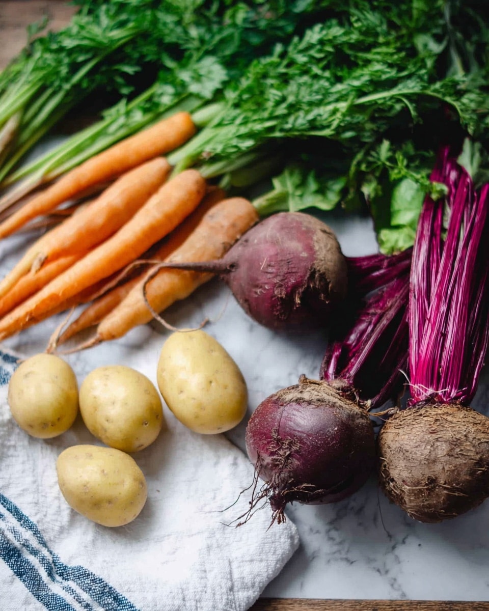 The image shows a close-up of fresh vegetables arranged on a white marbled surface with a wooden plank. In the front right, there are three medium-sized beetroots with rough purple skin and bright purple-red stems and green leaves laying flat. To the left, a group of five yellowish potatoes with smooth skin are scattered. On the far left, bunches of small, bright orange carrots with green leafy tops are lying on a white cloth with blue stripes. The background is filled with more green leafy carrot tops, adding a fresh and natural feel to the setup. Photo taken with an iphone --ar 4:5 --v 7