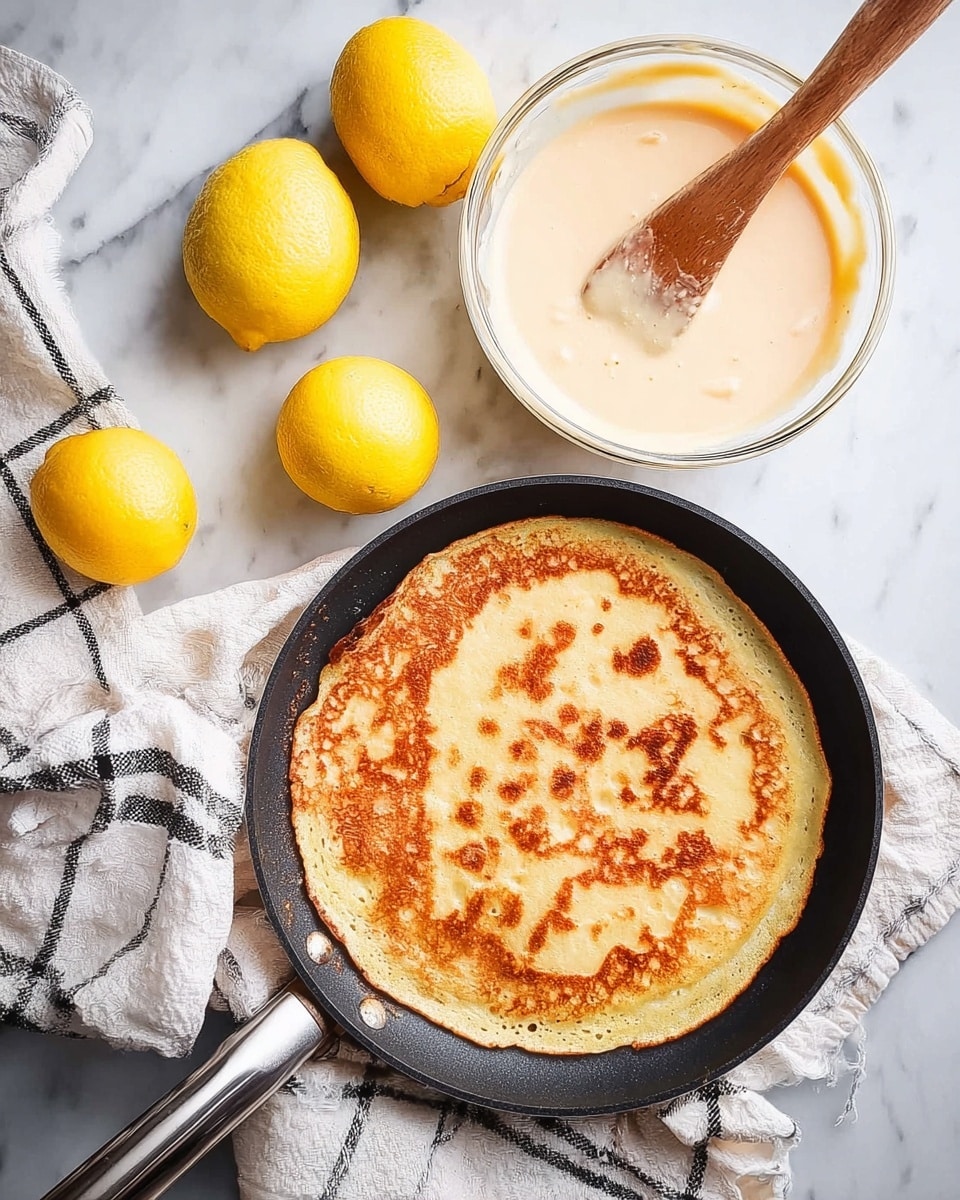 A golden brown pancake with uneven crispy spots lies flat in a black pan with a silver handle, placed on a white and black checkered cloth. Nearby, a clear glass bowl holds smooth, light beige batter with a wooden spoon resting inside, coated with batter. There are three bright yellow lemons, one whole and two halved, scattered on a white marbled surface, complemented by a crumpled white cloth. The photo taken with an iphone --ar 4:5 --v 7