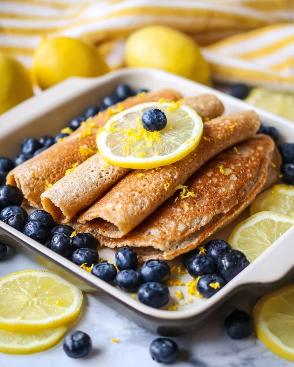 A stack of five folded pancakes with a soft brown color are placed in the center of a white square pan. The pancakes are topped with a thin lemon slice and a single blueberry on top, along with small orange zest pieces scattered across the surface. Around the pancakes, there are many fresh blueberries and lemon slices spread out. The background is a white marbled surface with a yellow and white striped cloth slightly visible behind the pan. Photo taken with an iphone --ar 4:5 --v 7