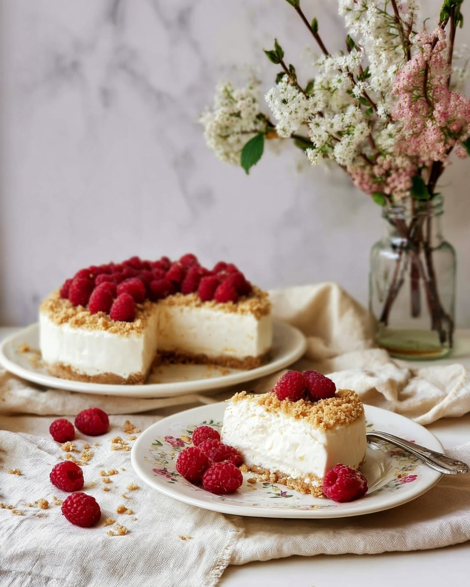 A round cake with three visible layers is placed on a white plate over a white marbled textured surface. The bottom layer is a light brown crumbly crust. The middle layer is thick, smooth, and white cream. The top layer is a light brown crumbly topping similar to the crust. A few red raspberries are placed in the center on top of the cake, with some raspberries scattered around the plate. A portion of the cake is missing, showing the cross-section clearly. The photo taken with an iphone --ar 4:5 --v 7