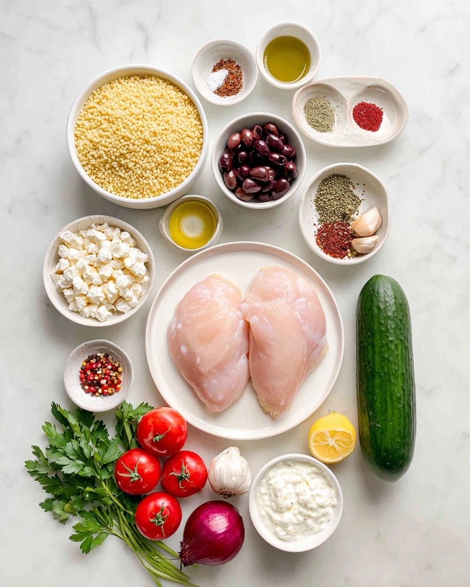 The image shows raw ingredients neatly arranged on a white marbled surface, centered around a white plate holding two large, pale pink raw chicken fillets. Surrounding the plate are small white bowls filled with black and brown olives, dried herbs, red pepper flakes, ground spices, olive oil, and salt. A larger white bowl of yellow couscous sits near the top left, while smaller bowls contain chickpeas, crumbled white cheese, and thick white yogurt. A whole cucumber lays diagonally to the right of the plate, with a fresh sprig of green parsley next to it. A halved lemon and a whole garlic bulb are also present, along with a bunch of red grape tomatoes, and a whole red onion is placed near the lower left corner. All items are spaced evenly and clearly visible. Photo taken with an iphone --ar 4:5 --v 7