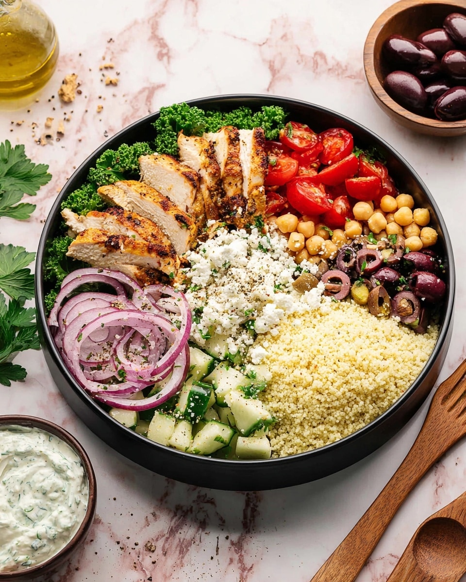 A black bowl contains a colorful layered dish with eight sections: grilled golden brown chicken slices on the left near green parsley, bright red cherry tomatoes cut in half next to beige chickpeas, dark purple olives scattered around diced light green cucumbers, and light yellow couscous on the right side. In the center is a creamy white sauce mixed with green herbs, surrounded by thinly sliced purple onions and sprinkled white cheese. The bowl is placed on a white marbled surface, with wooden salad spoons nearby and small white bowls of dark olives and yellow olive oil around it. Photo taken with an iphone --ar 4:5 --v 7