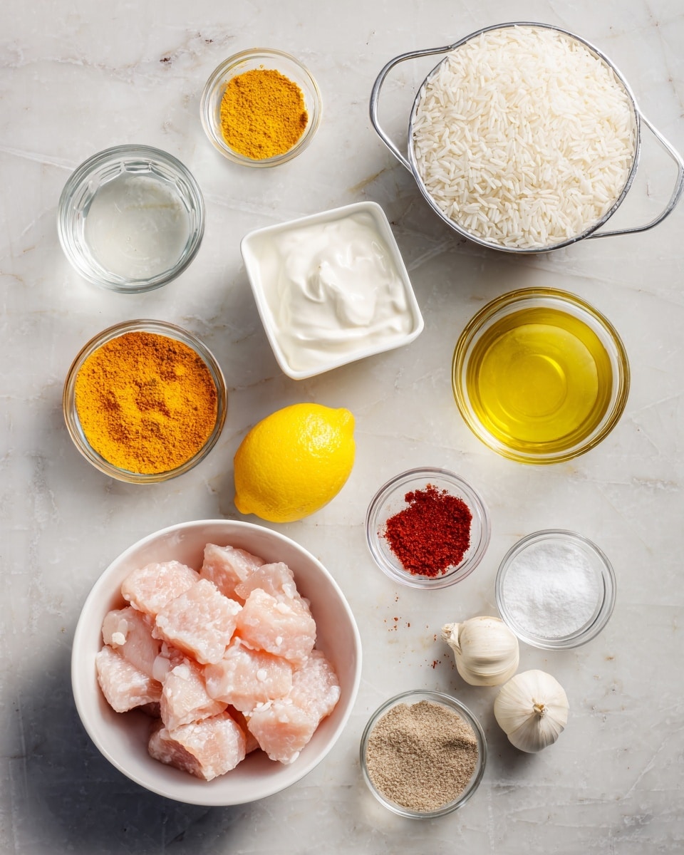 The image shows several ingredients neatly arranged on a white marbled surface. In the center bottom, there is a white bowl filled with raw, light pink pieces of chicken. Near it, a whole bright yellow lemon and a white garlic bulb sit on the surface. Surrounding these main ingredients are small clear glass bowls containing bright yellow turmeric powder, red chili powder, light brown ground spices, salt, and beige garlic powder. There is a white square container with thick white yogurt, a small clear bowl with golden olive oil, and a clear measuring cup filled with water. Additionally, a silver metal measuring cup filled with uncooked white rice is placed near the top right. All items are arranged clearly with simple, clean textures and colors. Photo taken with an iphone --ar 4:5 --v 7