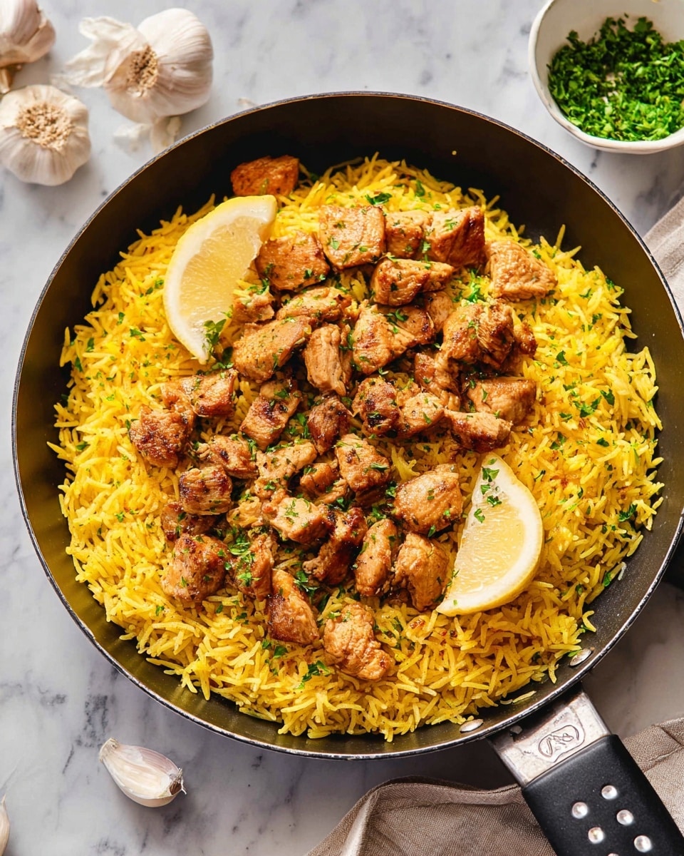 A black pan filled with one layer of bright yellow seasoned rice as the base, topped with a layer of medium-sized brown cooked chicken pieces garnished with small green parsley bits scattered evenly. Two lemon wedges with a light yellow inside and white rind sit on the rice near the chicken. The pan handle is black with small hole details and the pan is placed on a white marbled surface with garlic and a white bowl of chopped green herbs visible in the background. Photo taken with an iphone --ar 4:5 --v 7