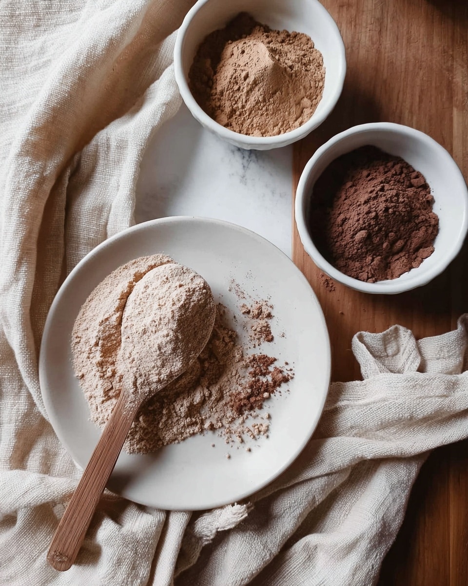 The image shows a white plate with a wooden spoon resting on it, holding a mound of light brown powder and some scattered powder around the spoon. Surrounding the plate are three small white bowls, each filled with different types of powder in shades of brown, ranging from light to dark. All items sit on a soft, beige cloth that spreads across a wooden surface, creating gentle folds and texture. The background is a white marbled texture. photo taken with an iphone --ar 4:5 --v 7