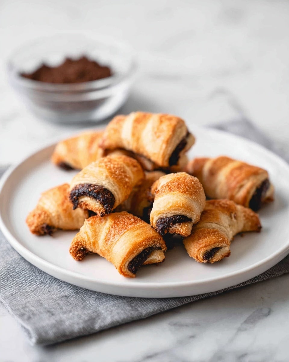 The image shows seven small crescent-shaped pastries on a white plate. Each pastry has two layers: a light golden brown outer dough that looks flaky and slightly crispy, and a dark brown filling visible along the curves of the rolls. The pastries are arranged neatly in a scattered pile in the center of the plate, which is set on a light gray cloth over a white marbled surface. In the background, there is a clear glass bowl with a dark brown crumbly substance. photo taken with an iphone --ar 4:5 --v 7