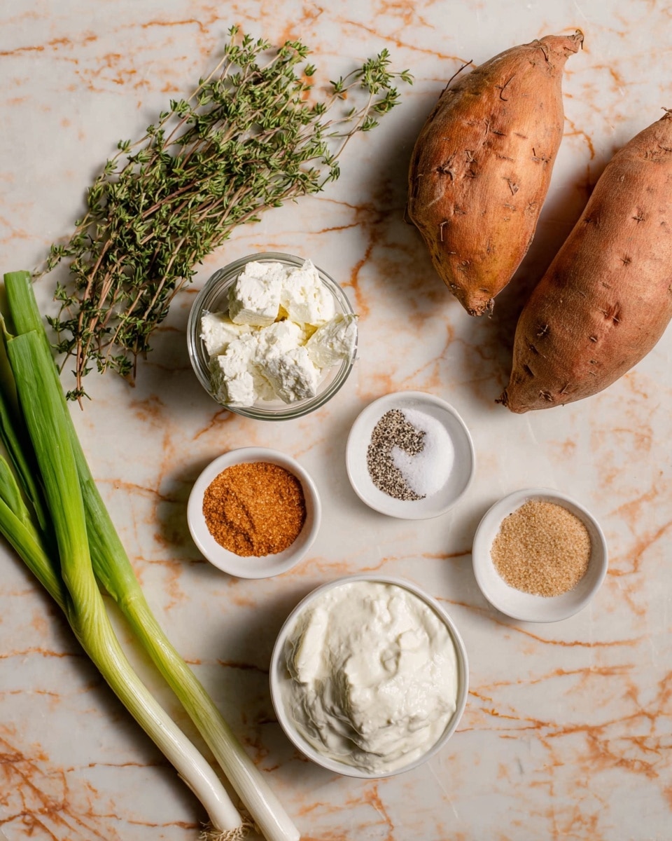 The image shows a top view of various ingredients placed on a white marbled surface. At the top are two whole sweet potatoes with a dark orange skin. To their right is a small white bowl with white soft cheese inside. Below the sweet potatoes, slightly to the left, are fresh green sprigs of thyme. Nearby, two small white dishes hold seasonings: one contains salt and pepper in a mix of white and black specks, and the other has brown sugar with a fine texture. At the bottom center is a small white bowl filled with a white creamy substance. On the left side, three bright green spring onions with white bulbs rest diagonally across the surface. photo taken with an iphone --ar 4:5 --v 7