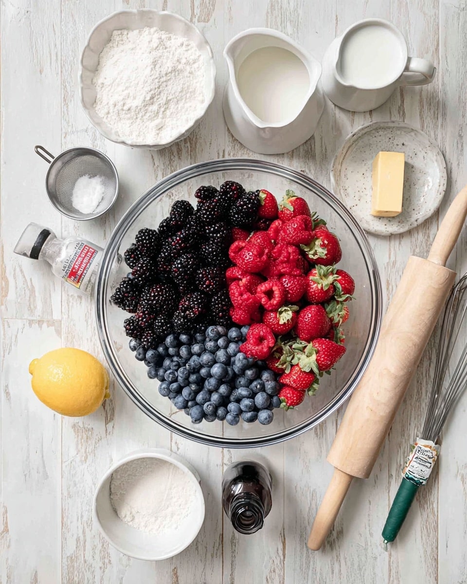 A large clear glass bowl filled with four sections of fresh berries, including blackberries on the left, red raspberries on top, red strawberries on the right with green leaves, and dark blue blueberries at the bottom right, sitting on a white marbled textured surface. Surrounding the bowl are small white bowls and containers: one with white flour and a metal scoop, a small bowl of white powdered sugar, a bowl with white sugar and a green spoon, a small pitcher with white milk, and a rolling pin with a wooden handle near a halved lemon. There is also a stick of butter in white wrapper and a small bottle of dark liquid near the center. photo taken with an iphone --ar 4:5 --v 7