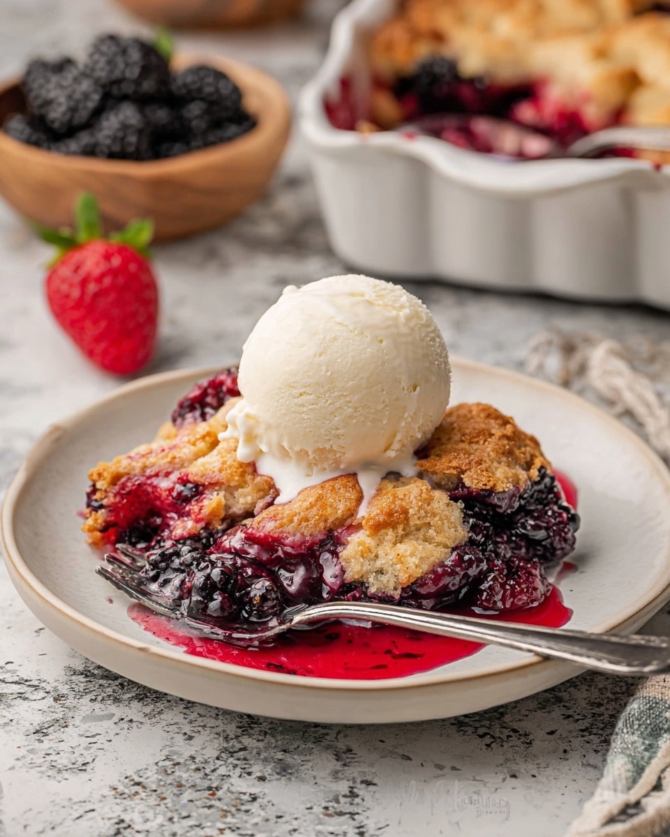 A white rectangular baking dish contains a mixed berry cobbler with a golden brown, rough textured biscuit topping. The cobbler filling beneath is a deep red and purple mix of berries, visible where a portion has been served out. Two white round plates hold servings of the cobbler, showing thick biscuit layers on top with juicy, glossy red and purple berry filling beneath and around the edges. Around the dishes are small white bowls filled with blackberries and blueberries. Fresh strawberries and raspberries are scattered on a white marbled textured surface. A woman's hand holding a silver spoon rests inside the cobbler dish. Photo taken with an iphone --ar 4:5 --v 7