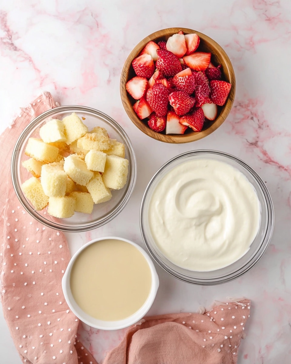The image shows four containers with different ingredients arranged on a white marbled surface. At the top right, a small round wooden bowl holds bright red and white cut strawberries. To the left of it, there is a clear glass bowl filled with light yellow cake pieces. Below the strawberry bowl and to the right, a small white bowl contains a smooth beige custard-like cream. At the bottom center, a larger glass bowl is filled with thick white cream. A light pink cloth with white dots is draped on the lower left corner of the surface. Photo taken with an iphone --ar 4:5 --v 7