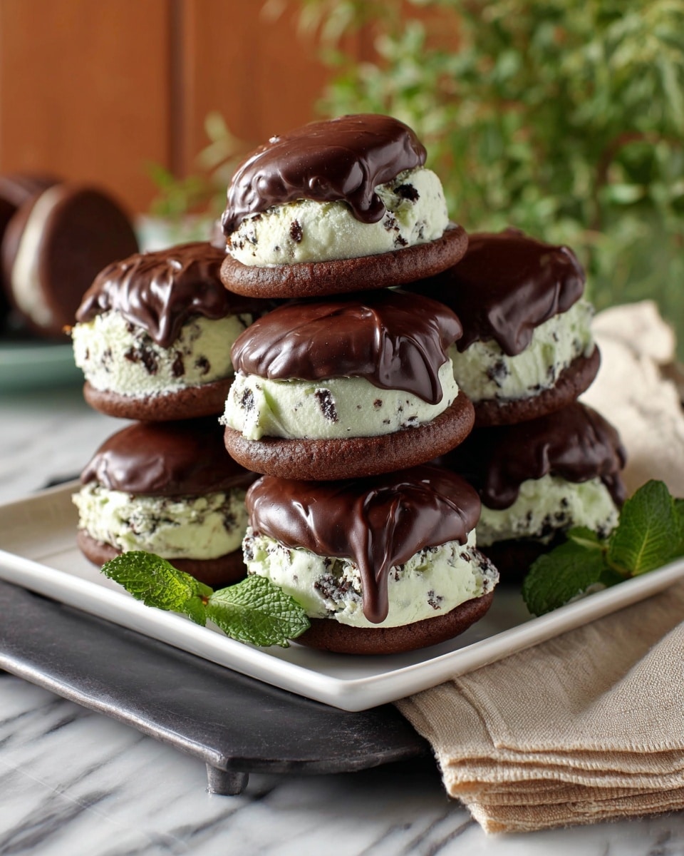 The image shows six chocolate cookie sandwiches stacked on a square white plate with a few fresh mint leaves on the side. Each sandwich has three layers: a bottom layer of a round chocolate cookie, a middle thick layer of mint chocolate chip ice cream with small dark chocolate chunks, and a top layer of a smaller round chocolate cookie covered in smooth, glossy dark chocolate. The plate is set on a dark stand on a white marbled surface, with a beige cloth napkin nearby and blurred green plants in the background, photo taken with an iphone --ar 4:5 --v 7