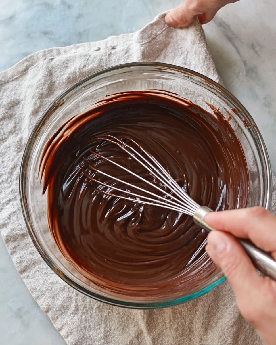 A clear glass bowl filled with smooth dark brown chocolate mixture being whisked, showing swirls and shiny texture, held steady by a woman's hand on the side, while another woman's hand uses a metal whisk inside the bowl, all placed on a white marbled surface with a light cloth underneath. Photo taken with an iphone --ar 4:5 --v 7