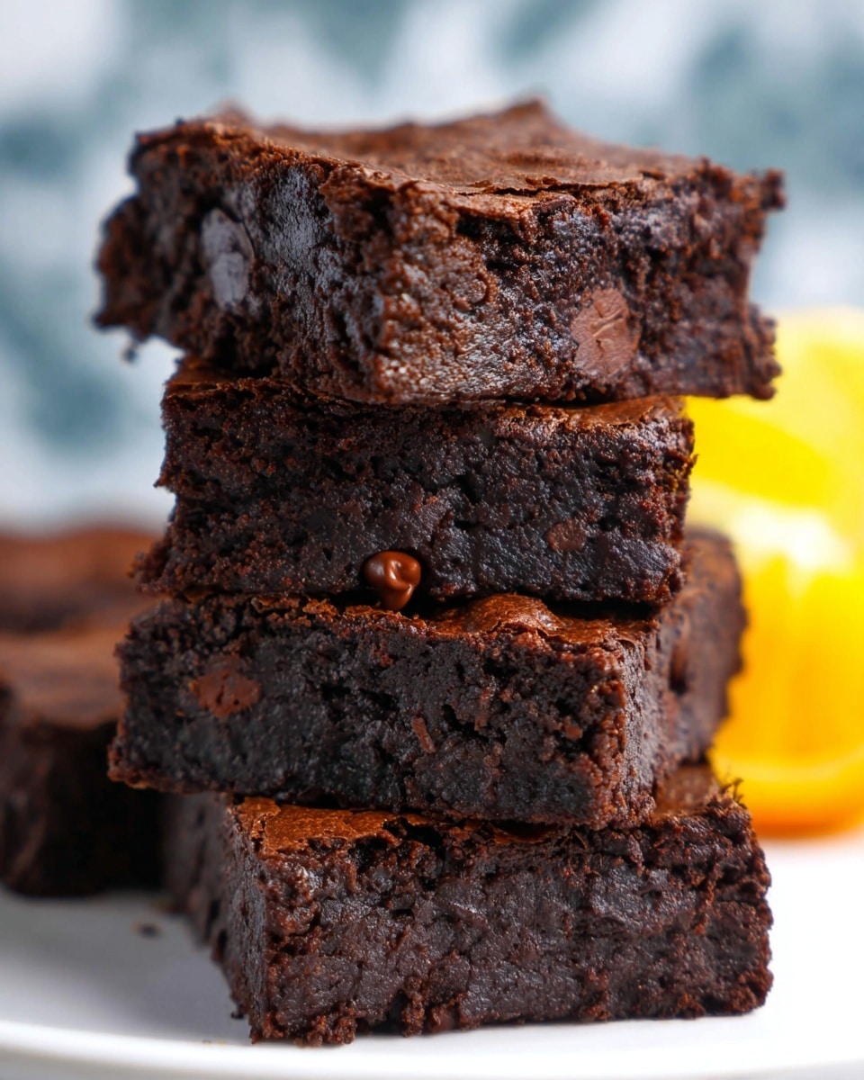 The image shows a stack of seven rich, dark brown brownies arranged on a white plate with smooth edges. Each brownie has a slightly shiny, cracked top layer, with a dense and moist texture visible in the sides. The brownies are cut into neat square shapes, stacked in a pyramid-like form with four pieces at the base, two in the middle, and one on top. To the left side of the plate, a slice of orange adds a fresh, light yellow and orange color contrast. The background features a soft blur with blue and white tones, and the plate sits on a white marbled surface. photo taken with an iphone --ar 4:5 --v 7