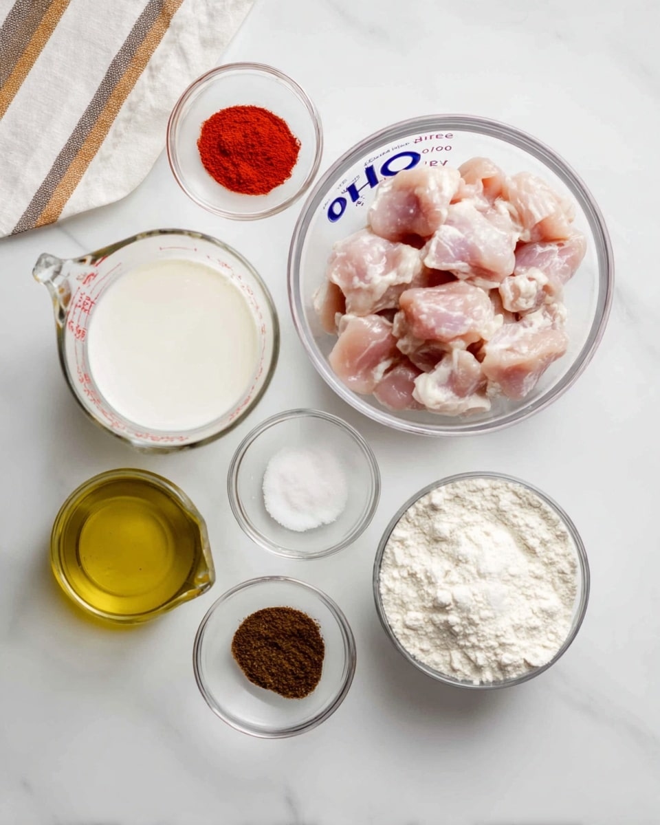 The image shows seven clear glass bowls and one glass measuring cup arranged on a white marbled surface. At the top right is a medium bowl filled with pieces of raw chicken that are light pink with some white fat. To the bottom right of it, a small bowl contains white flour. Next to the flour, at the bottom center, is a small bowl with a dark brown powder, and to its left, another small bowl with a white powder. Above these, to the left side, is a glass measuring cup filled with white milk. At the top left, two small bowls hold red powder and white salt. Finally, near the bottom left, a small glass pitcher contains light yellow olive oil. A white and brown striped cloth is partially visible at the top left corner. Photo taken with an iphone --ar 4:5 --v 7