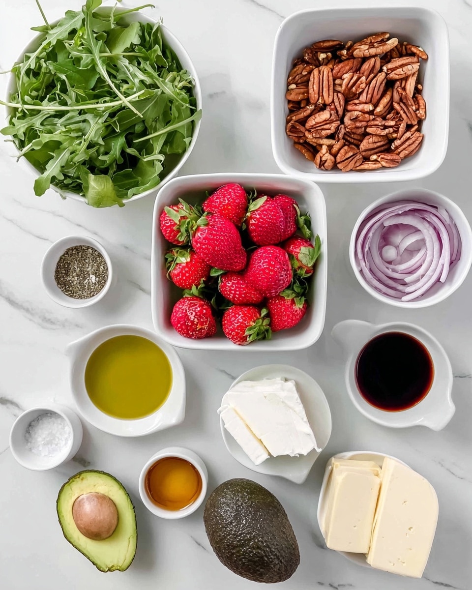 The image shows various fresh ingredients placed on a white marbled surface. There is a white bowl with bright green arugula leaves in the top left, next to a white bowl of brown pecan nuts in the top right. Below them, a square white dish filled with red strawberries with green leafy tops stands out in the center. Surrounding the strawberries are small white bowls holding golden olive oil, light brown honey, thin lavender slices of red onion, white goat cheese, mustard, a block of butter, and a small amount of dark balsamic vinegar. A whole avocado with dark green skin and a small white bowl of salt complete the arrangement. Photo taken with an iphone --ar 4:5 --v 7