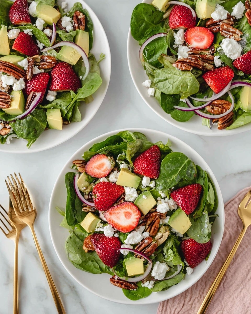 A white oval plate holds a fresh salad with three layers: a base of dark green spinach and arugula leaves, topped with bright red sliced strawberries and light green avocado chunks, and scattered with brown pecans and small white crumbles of cheese. Thin rings of purple onion are mixed in, adding a touch of color contrast. Surrounding the plate on a white marbled surface are fresh whole strawberries, a white bowl of honey with a wooden dipper, and another white plate with more cheese and pecans visible. The overall look is fresh and colorful with a natural texture. photo taken with an iphone --ar 4:5 --v 7