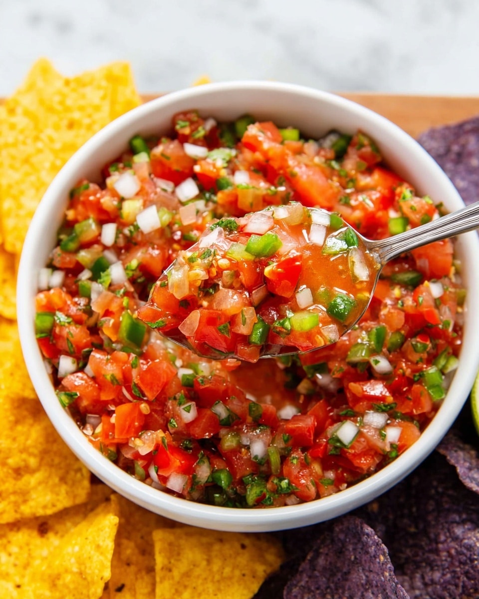 A white bowl filled with fresh salsa sits in the center on a light wooden board, surrounded by two layers of tortilla chips. The inner layer consists of dark purple chips with a rough texture, while the outer layer features yellow chips with visible black seeds. The salsa inside the bowl is chunky and colorful, made of red diced tomatoes, green peppers, and small white onion pieces mixed together. Around the board, there are whole tomatoes on the vine, whole and sliced limes, and fresh cilantro leaves scattered on a white marbled surface. photo taken with an iphone --ar 4:5 --v 7