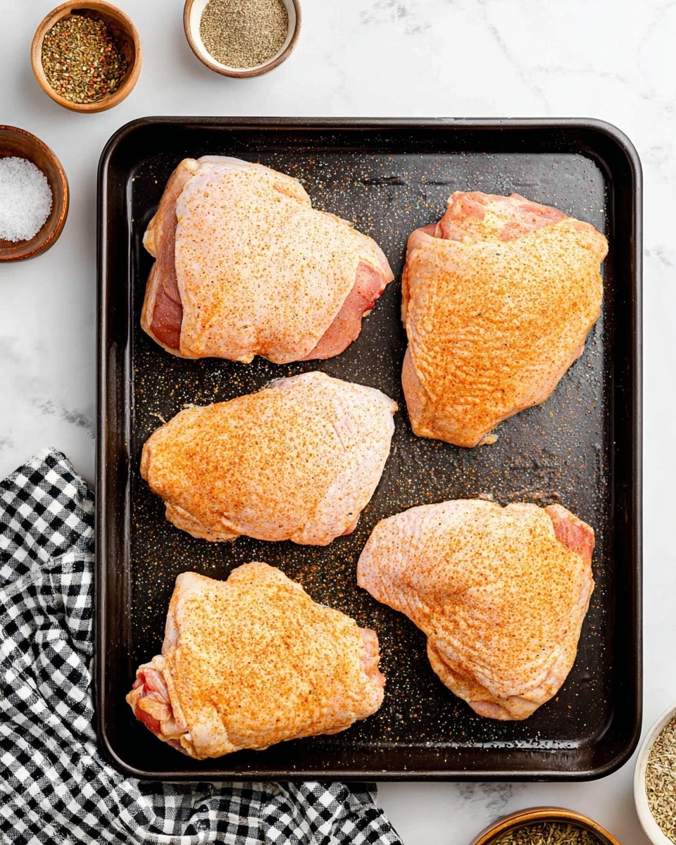 A black baking tray holds five raw chicken thighs arranged with two at the top, one in the middle, and two at the bottom, each piece topped with a light layer of seasoning in orange and black specks of spices. The chicken skin shows a pale pink color beneath the seasoning with a slightly textured surface. Around the tray, various small bowls with different spices and a black and white checkered cloth are placed on a white marbled surface. Photo taken with an iphone --ar 4:5 --v 7