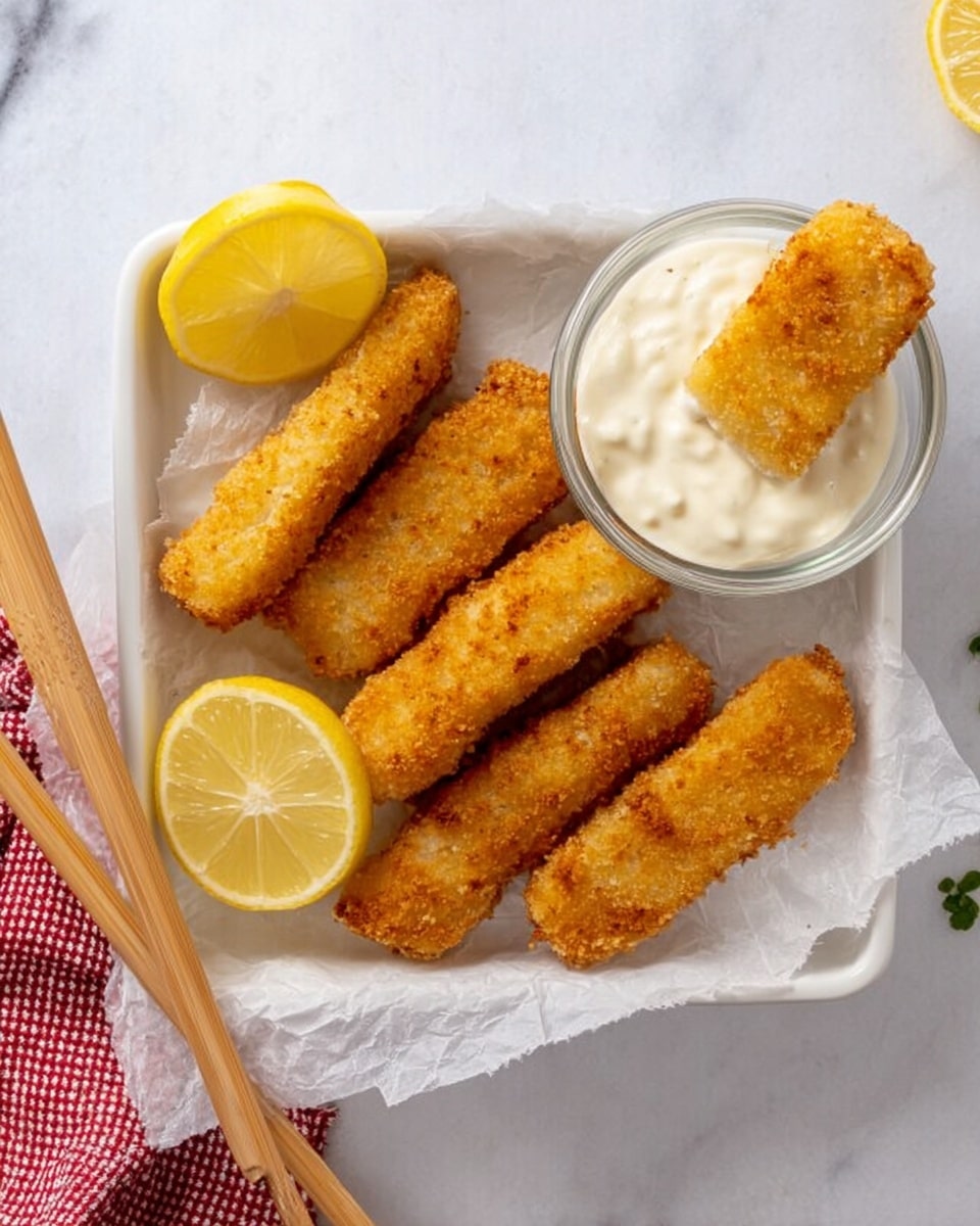 The image shows a white rectangular tray lined with crinkled white parchment paper holding five golden brown crispy fish sticks arranged in two rows. Two bright yellow lemon wedges with white pith are placed on the tray, one near the top left corner and one at the bottom right corner. A small clear glass bowl filled with creamy white dipping sauce sits on the tray's top right side, and a fish stick is dipped partially into the sauce. A pair of wooden chopsticks rests nearby on a white marbled surface, with a red and white checkered cloth slightly visible at the bottom left. photo taken with an iphone --ar 4:5 --v 7