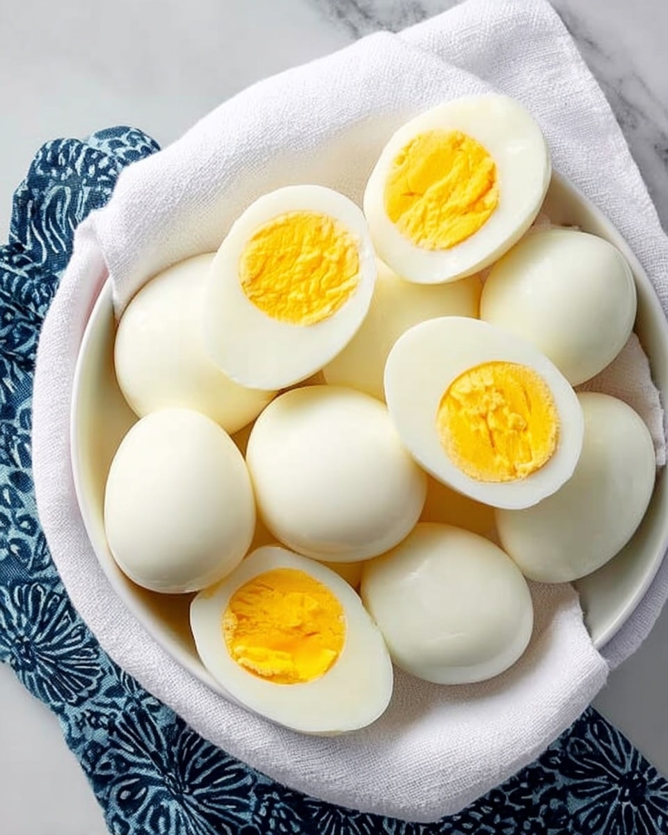 A white bowl lined with a white cloth is full of smooth, white hard-boiled eggs, some whole and some sliced in half. The sliced eggs show bright yellow yolks in the center, which have a firm and slightly crumbly texture. The eggs are neatly packed, filling the bowl evenly, with the white cloth softly folded around them. The bowl sits on a white marbled surface with a dark blue patterned cloth partially visible underneath. photo taken with an iphone --ar 4:5 --v 7