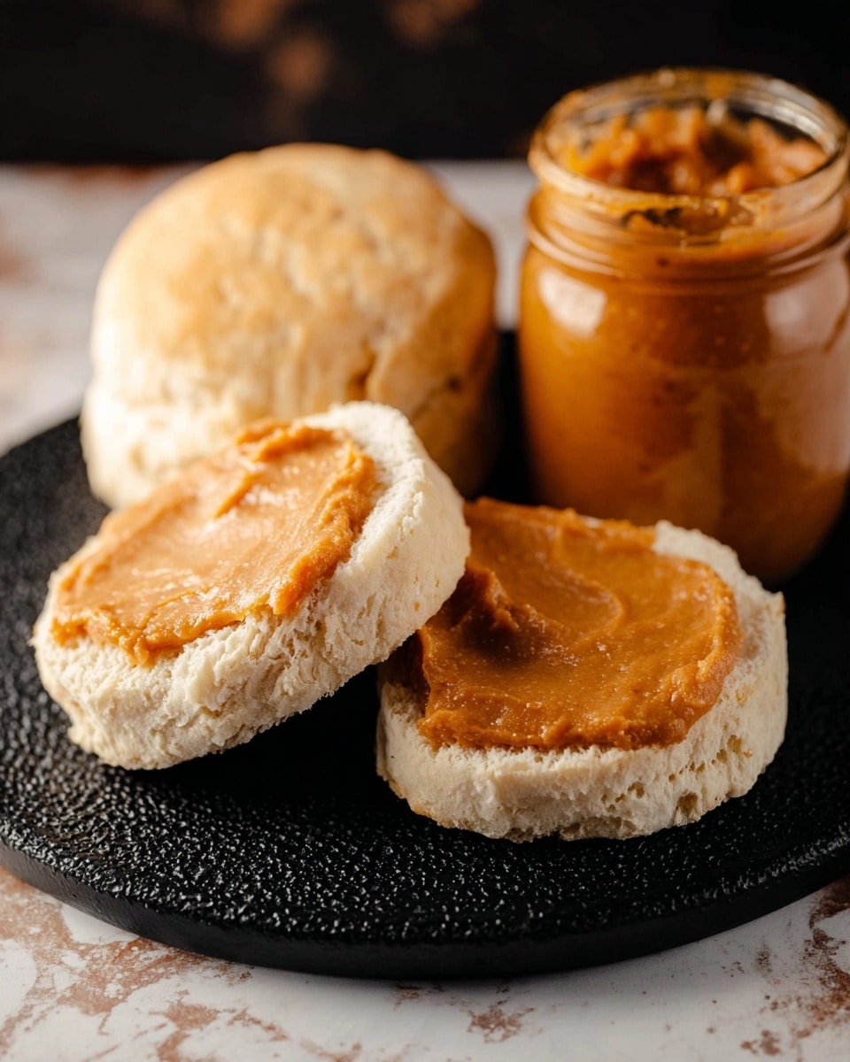 A close-up of a biscuit sliced in half, showing two layers: the bottom layer is fluffy and light beige with a soft crumb texture, and the top layer is spread with a smooth, shiny, orange-brown jam or preserve that has small specks and a slightly thick consistency. The biscuit sits on a dark stone plate, with another biscuit half visible in the background, all placed on a white marbled surface. The shot captures the rough texture of the biscuit edges and the glossy spread clearly. Photo taken with an iphone --ar 4:5 --v 7