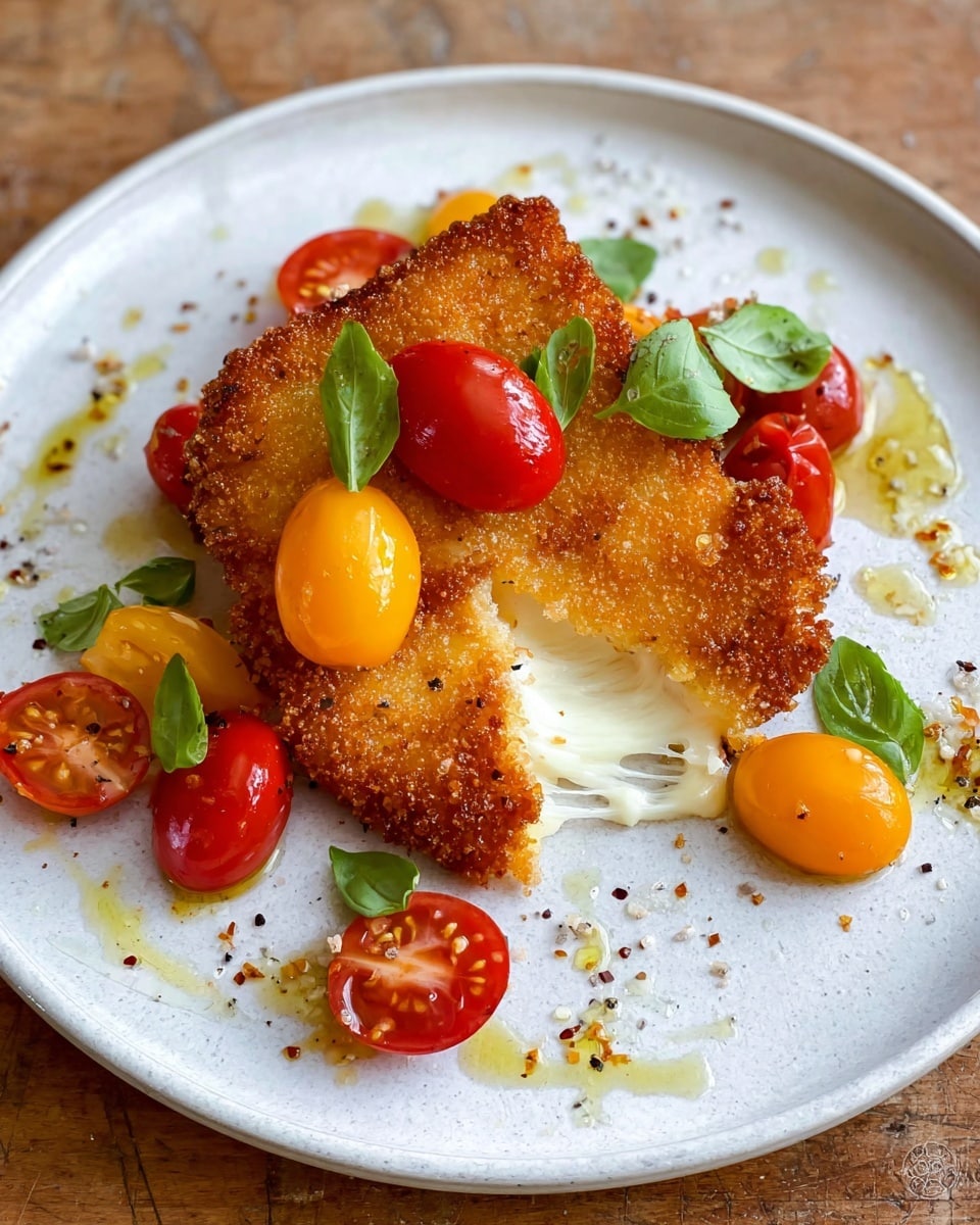 On a white plate with a white marbled texture background, there is a crispy golden brown fried cheese piece that is partially pulled apart showing stretchy melted white cheese inside. On top of the fried cheese, there are halved red and yellow cherry tomatoes scattered, along with fresh green basil leaves. The tomatoes and basil are lightly sprinkled with black pepper and salt, and there is a drizzle of olive oil around the plate. The overall look is fresh with a mix of warm golden browns and bright colors. photo taken with an iphone --ar 4:5 --v 7