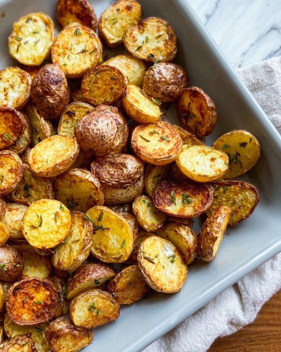 A silver baking tray filled with many small roasted potato halves scattered loosely in different directions. The potatoes have brown, golden, and light yellow colors with some crispy, slightly wrinkled skin texture and small green herb bits sprinkled on them. The tray sits on a white marbled surface, and a white cloth is partially draped over the bottom left corner of the tray. Photo taken with an iphone --ar 4:5 --v 7