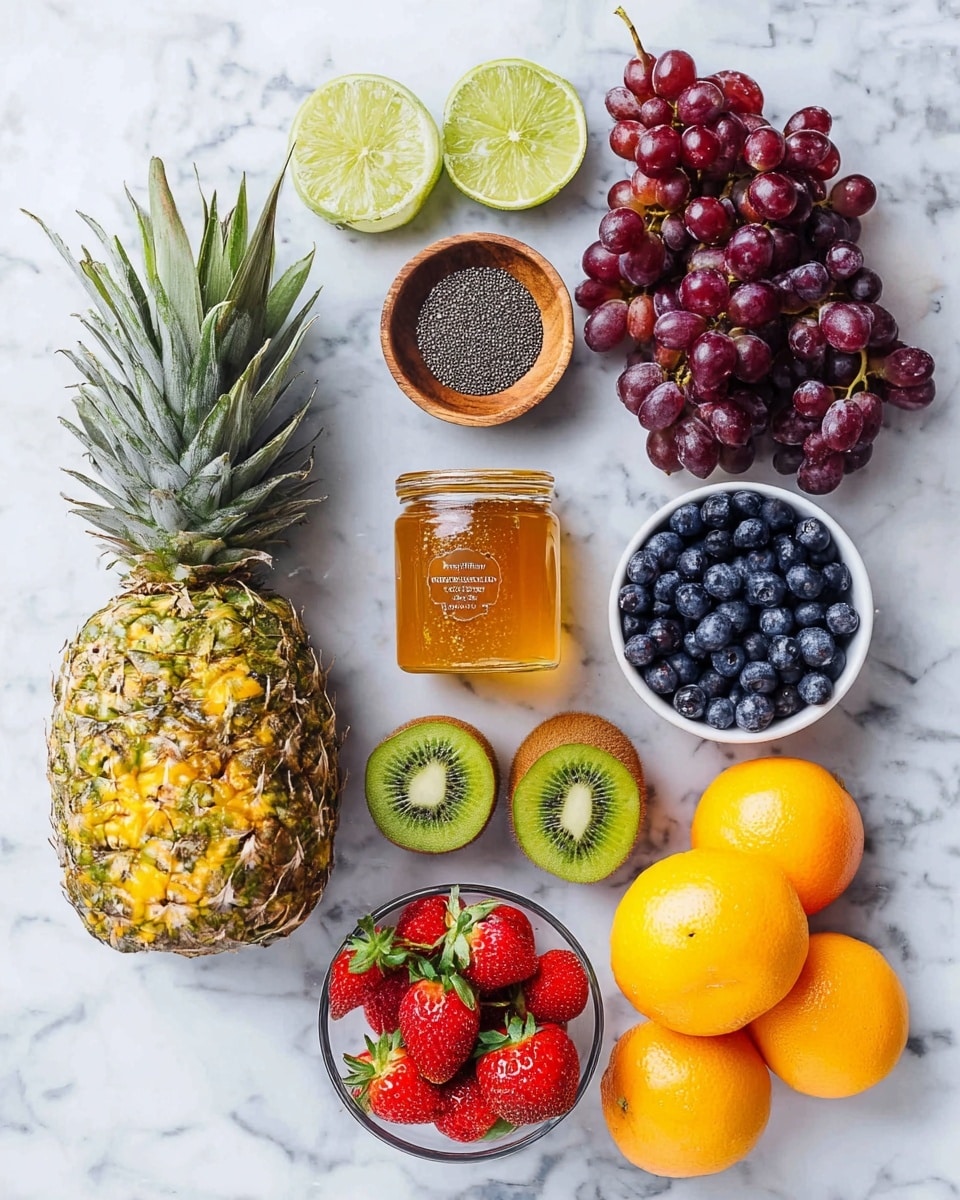 The image shows a collection of fresh fruits and ingredients arranged on a white marbled surface. On the bottom left is a whole pineapple with its rough yellow and green skin and spiky green leaves. Above it to the left, two lime halves show their bright green inside. In a small wooden bowl above the pineapple, there are dark gray poppy seeds. Two bunches of red grapes with deep purple-red skin sit at the top right, next to a small white bowl filled with fresh, plump blueberries that are a deep blue color. In the middle, a glass jar of honey with an orange-yellow label and golden honey inside is placed. Below the grapes and honey, two halves of a kiwi fruit reveal their bright green interior with black seeds, and next to them, a whole brown kiwi with fuzzy skin is visible. A small clear bowl filled with bright red strawberries with green leafy tops is near the bottom center. On the right side, three vibrant orange tangerines add a splash of bright color. The whole arrangement is bright and colorful against the clean white marbled background. photo taken with an iphone --ar 4:5 --v 7