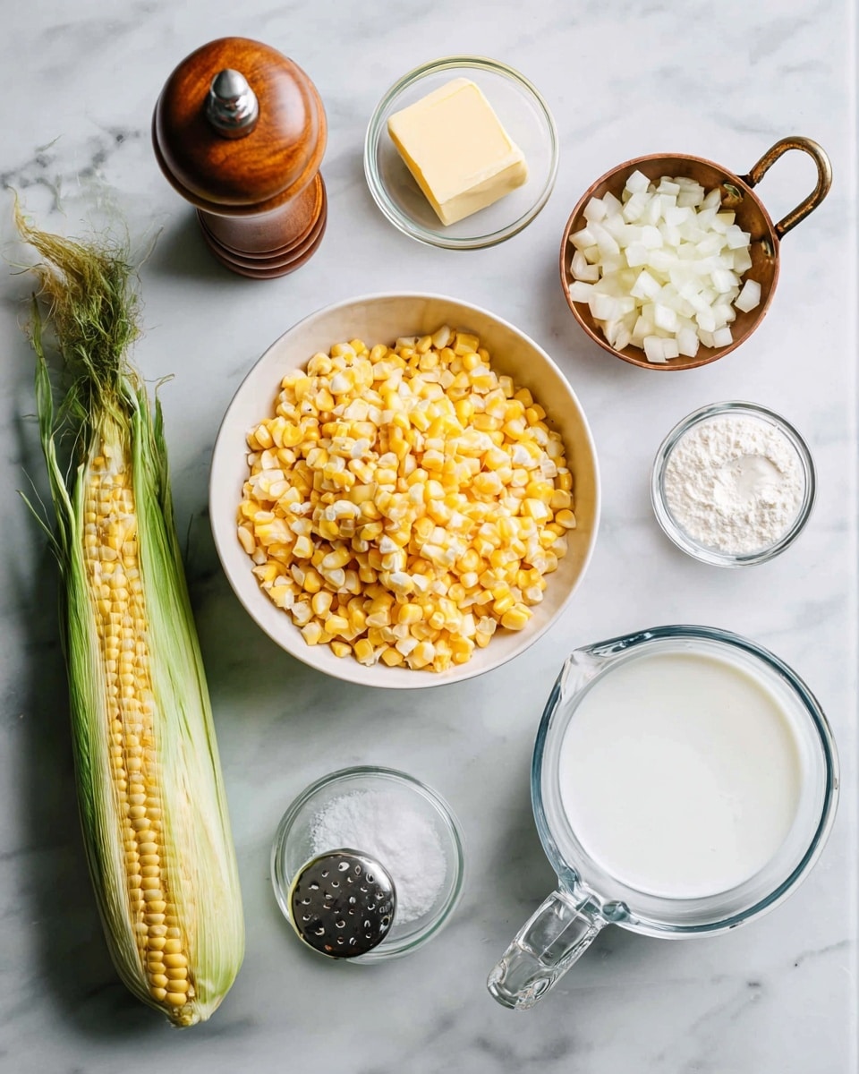 The image shows a white bowl full of yellow corn kernels placed in the center on a white marbled surface. To the right of the bowl is a copper measuring cup filled with diced white onions, and below it is a clear glass measuring cup filled with white milk. Below the bowl, there is a glass salt shaker with a silver lid. To the left of the bowl is an ear of corn with some green husk pulled back, showing yellow kernels. Above the bowl are three small round clear bowls each holding a different ingredient: a pale yellow block of butter, a bowl of white granulated salt, and a bowl of white flour. On the far left side of the surface is a wooden pepper grinder. photo taken with an iphone --ar 4:5 --v 7