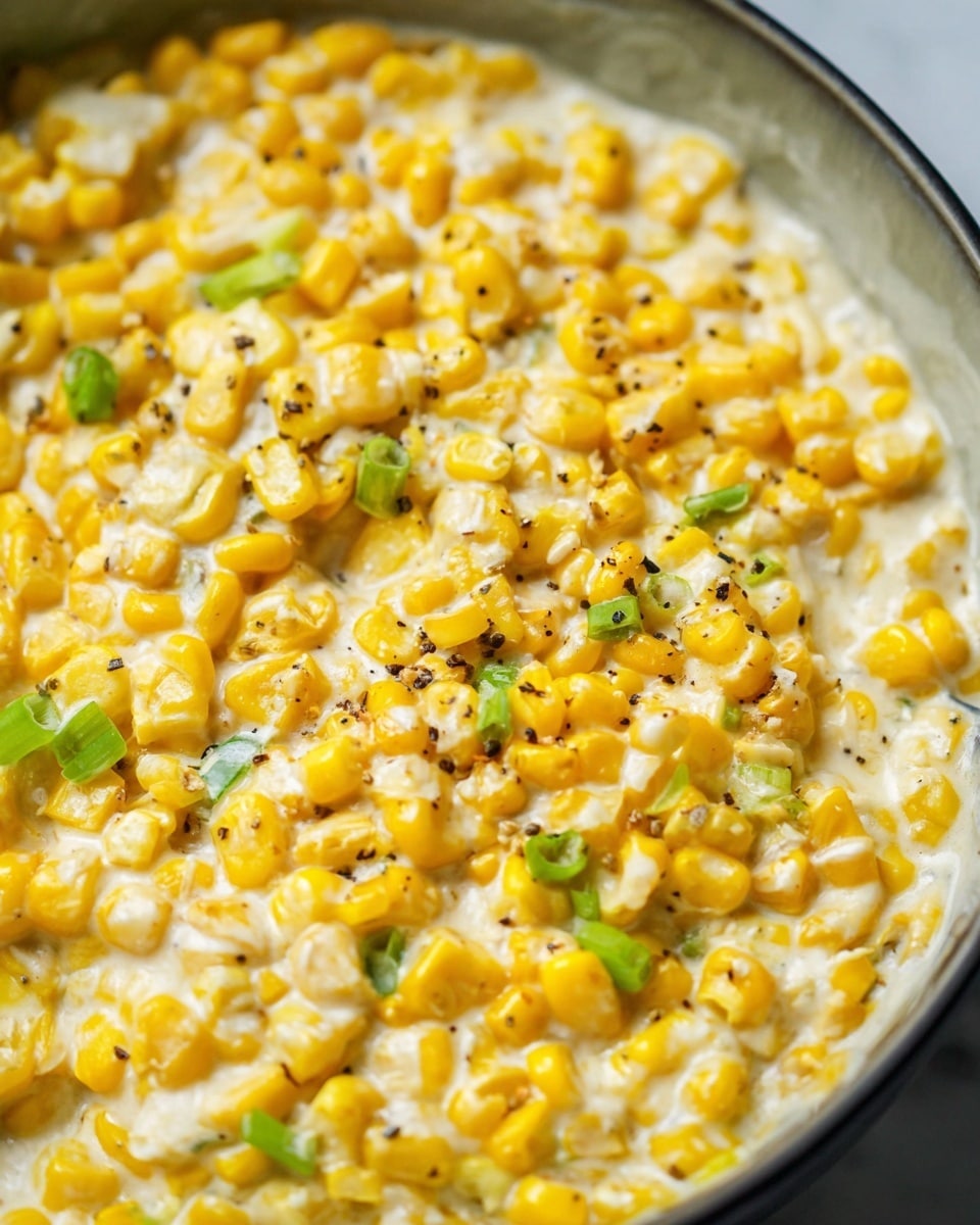 This close-up image shows a creamy corn dish with bright yellow corn kernels mixed in with a smooth white creamy sauce. Small pieces of green onions are sprinkled throughout, adding a touch of green color. There are also tiny black pepper specks scattered on top, giving a bit of contrast. The texture looks soft and rich, with layers of corn and cream blending together evenly. The photo is taken on a white marbled surface. Photo taken with an iphone --ar 4:5 --v 7