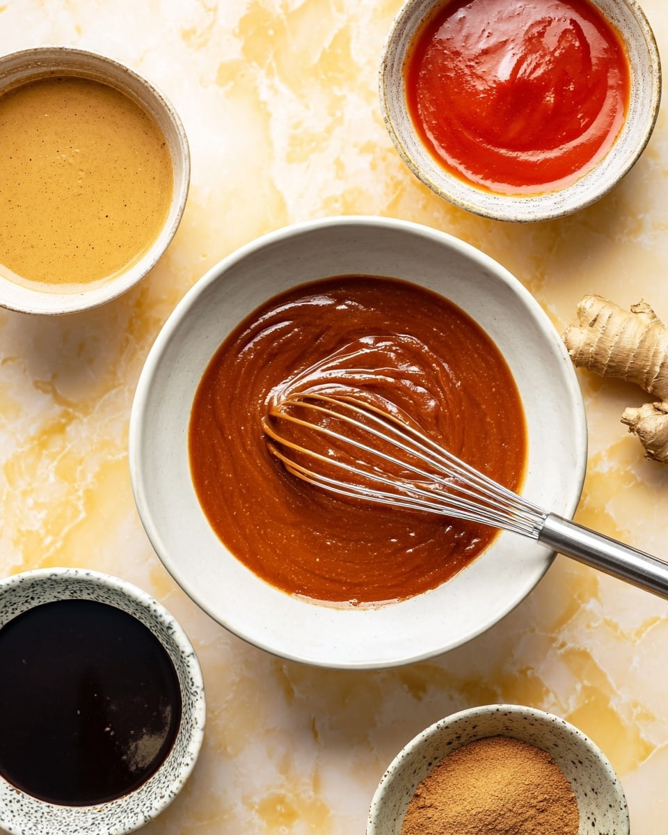 A top view of five white bowls with different sauces and spice powders, arranged on a white marbled surface with a small piece of ginger on the right. The largest bowl in the center holds a thick, reddish-brown sauce being stirred by a metal whisk. Around it, to the top left is a bowl with a tan, creamy sauce, to the top right a bright red sauce in another bowl. Below left is a bowl filled with a dark, almost black liquid, and below right is a bowl with light brown spice powder. The colors and smooth textures of the sauces contrast with the powder and ginger pieces. Photo taken with an iphone --ar 4:5 --v 7