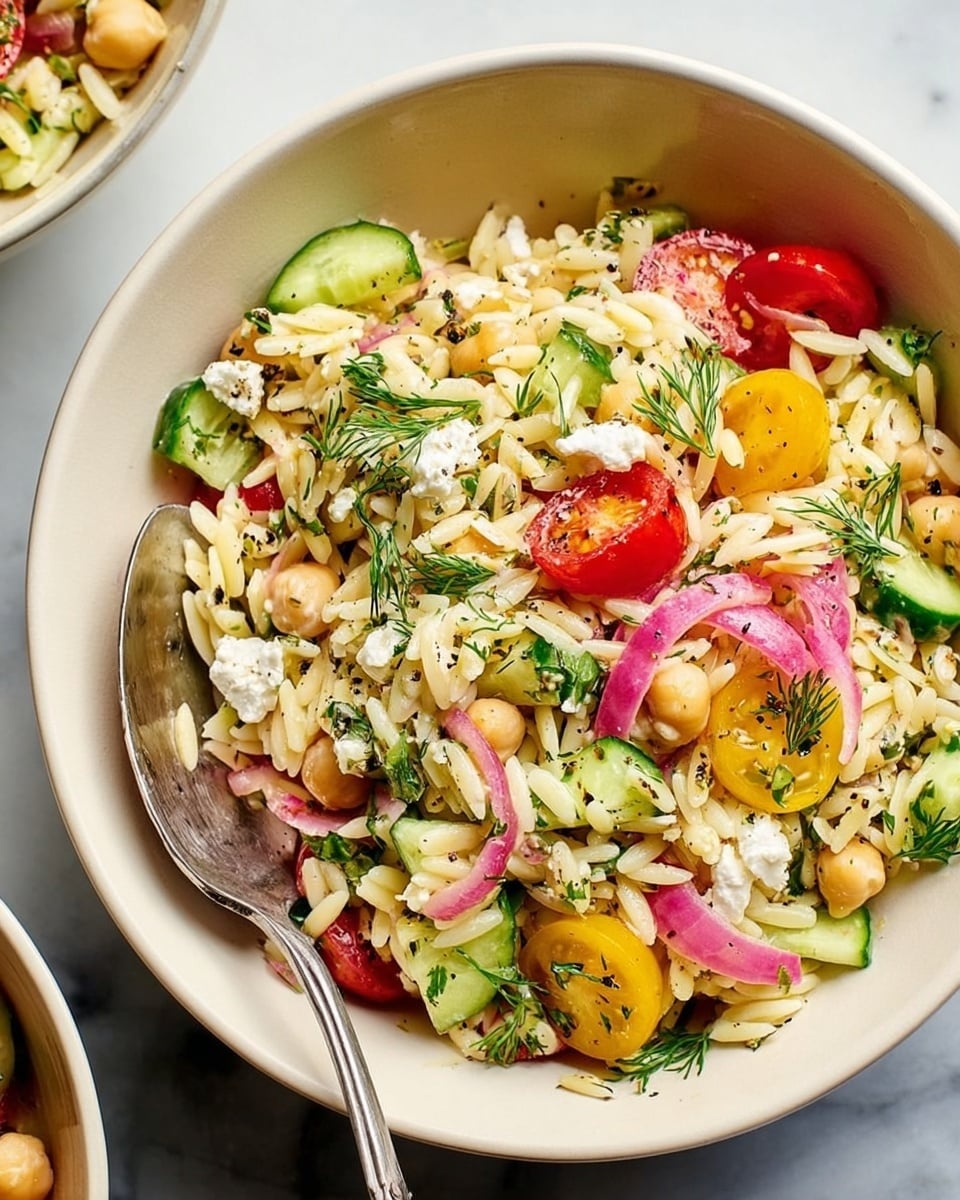 The image shows a white bowl filled with a colorful orzo salad. The bottom layer consists of small orzo pasta pieces in pale cream color. On top, there are chickpeas scattered around, along with bright halved cherry tomatoes in red and yellow. There are green cucumber chunks and thin slices of light pink pickled onions spread throughout. Crumbled white cheese is sprinkled over the salad, along with some chopped green herbs and a few crushed pistachios adding texture. A silver fork rests inside the bowl on the right side. In the background, there is a smaller white bowl of whole pistachios and parts of two other white bowls containing the same salad on a white marbled surface. Photo taken with an iphone --ar 4:5 --v 7