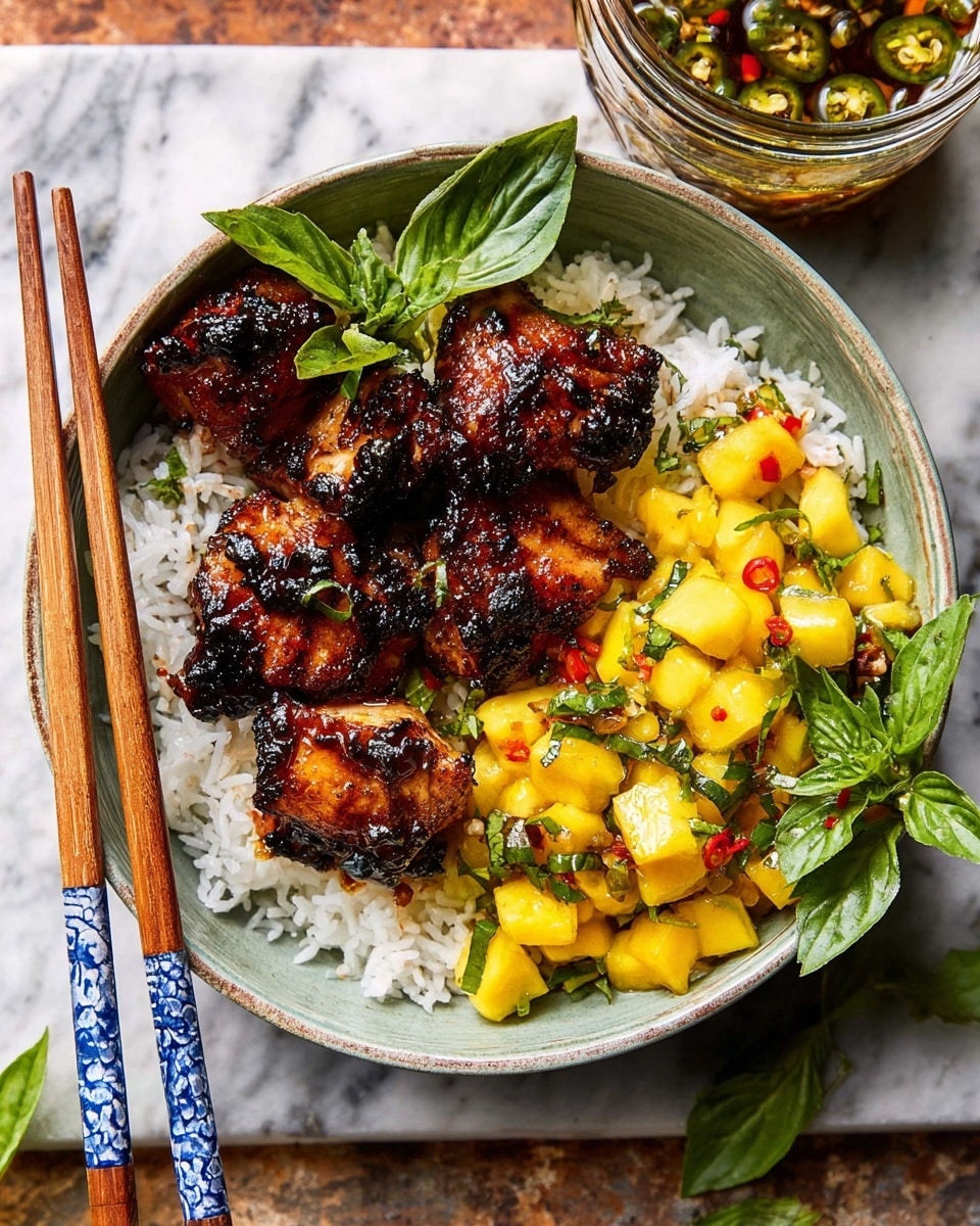 A bowl with white rice at the bottom holds five grilled dark brown glazed pieces of chicken placed on the left side. On top of the rice and chicken, there are fresh green basil leaves. To the right, there is a bright yellow mango salsa mixed with green chopped chilies, also garnished with basil leaves. The bowl is placed on a white marbled surface. A pair of wooden chopsticks with blue and white patterned tops rest on the left side of the bowl. In the background, a glass jar filled with sauce and floating green chili slices is visible. Photo taken with an iphone --ar 4:5 --v 7