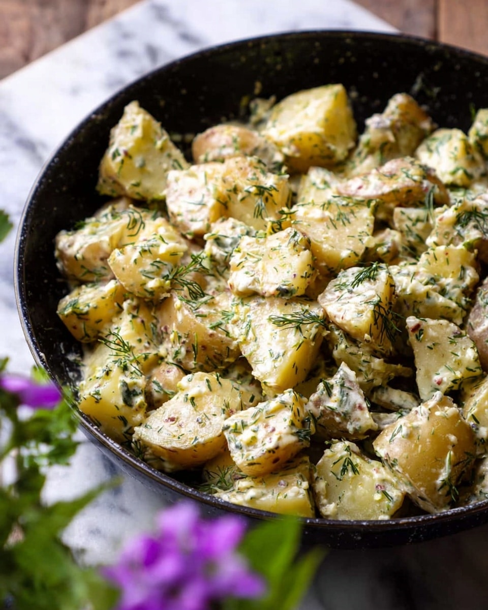 The image shows a pan filled with chunks of cooked potatoes coated in a creamy sauce mixed with chopped green herbs, likely dill, giving a speckled green and white texture across the dish. The potatoes are cut into irregular, bite-size pieces with soft edges, and the creamy sauce appears thick but smooth, clinging to the potato pieces. The pan is black and sits on a white marbled surface, with some green leaves and a purple flower blurred in the foreground. Photo taken with an iphone --ar 4:5 --v 7
