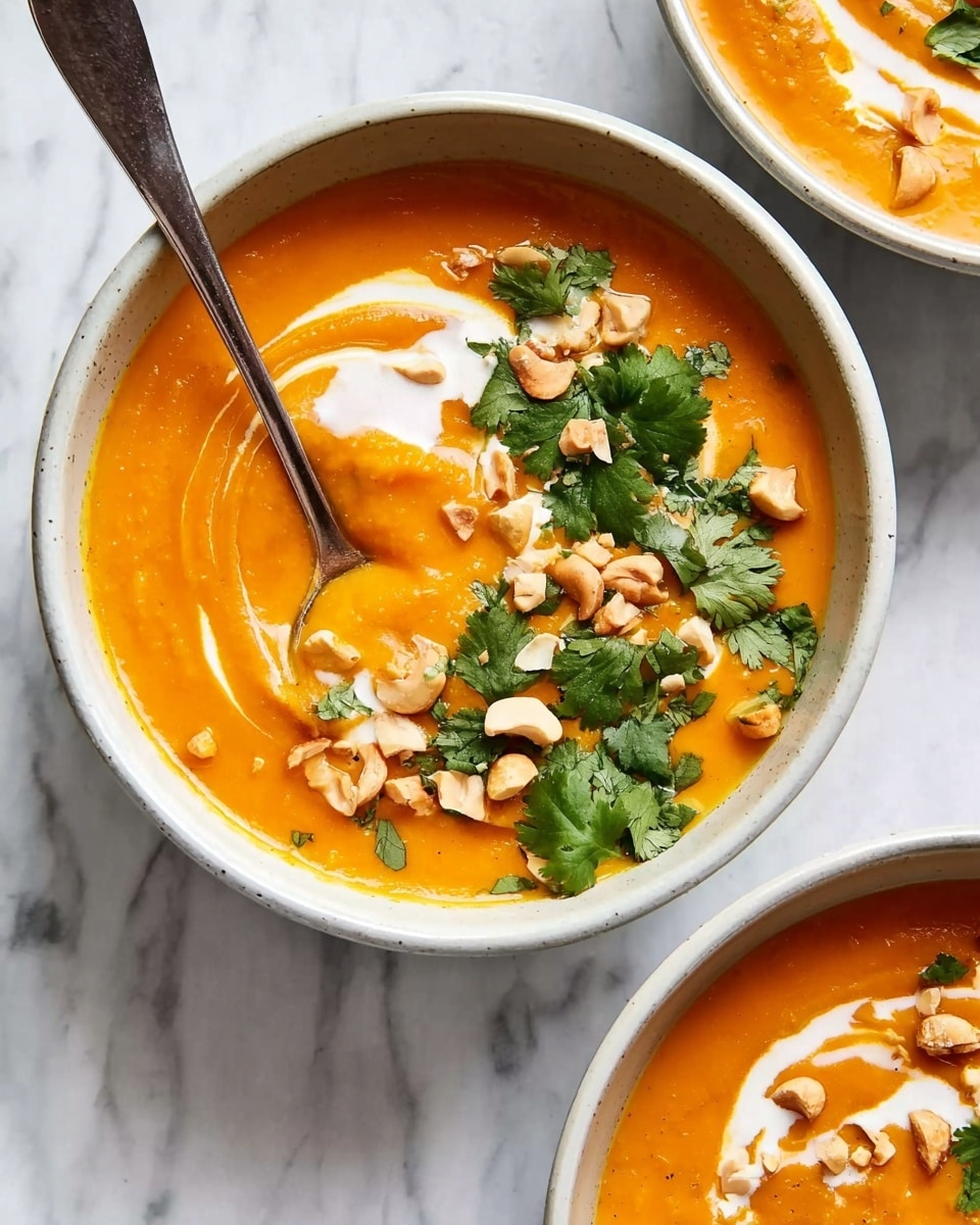 The image shows three white bowls filled with bright orange creamy soup, each bowl topped with a swirl of white cream, small chopped nuts, and fresh green cilantro leaves. The soup’s smooth texture contrasts with the crunchy nuts scattered on top. The bowls sit on a white marbled surface, and a dark spoon rests beside the bottom bowl, adding depth to the image. There is also a small dark plate with a few chopped nuts beside the bottom bowl. photo taken with an iphone --ar 4:5 --v 7