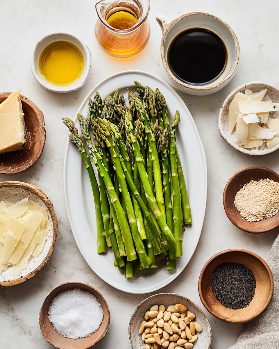 A white oval plate holds a neat stack of fresh green asparagus spears with pointed dark green tips, laid side by side in the center of a white marbled surface. Around the plate, there are small white ceramic bowls containing golden honey, dark balsamic vinegar in a clear glass pitcher, and a pale powder likely cornstarch. There are also rustic wooden and ceramic bowls holding pale shaved cheese, roasted pine nuts, white salt, and black peppercorns, all arranged neatly in a circular pattern around the asparagus plate. The setup looks clean and organized, ready for cooking. photo taken with an iphone --ar 4:5 --v 7