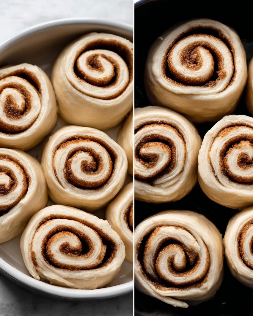 The image shows a close-up of several unbaked cinnamon rolls arranged close together in a round white dish. Each roll has two visible layers: the outer dough is smooth and pale cream-colored, while the inner spiral is darker brown and textured, showing the cinnamon sugar filling tightly wound inside. The rolls are standing upright and touching each other, and the background features a white marbled texture. The photo has clear lighting that highlights the soft dough and the swirled pattern inside each roll. photo taken with an iphone --ar 4:5 --v 7
