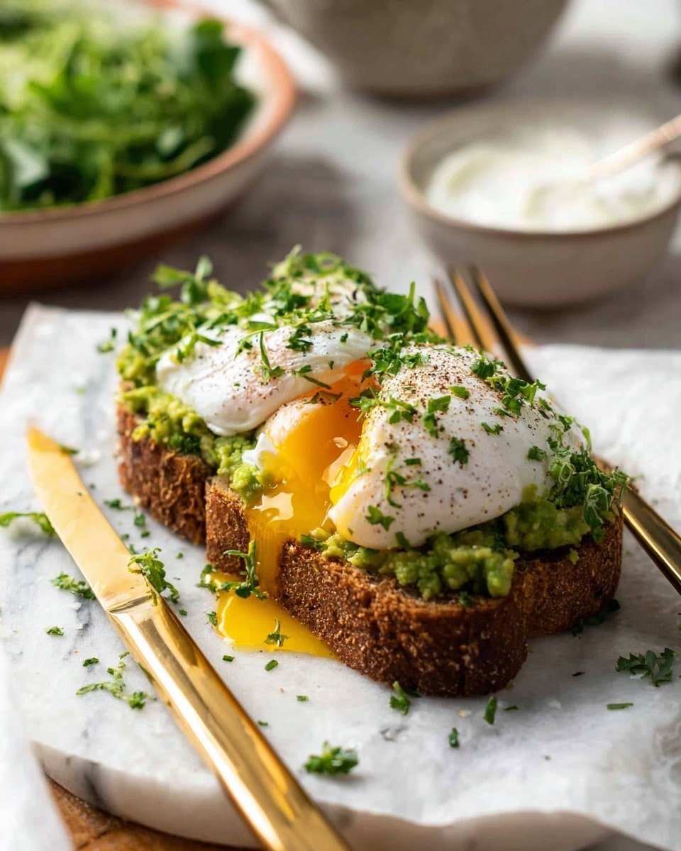 A thick, toasted piece of brown bread lies on a white marbled surface, topped with a creamy, green avocado spread that is slightly chunky. On top of the avocado, there are two poached eggs with soft, white outer layers and bright yellow yolks oozing slightly onto the bread. The eggs are sprinkled with bits of black pepper and chopped green herbs. A fork and knife with gold handles rest beside the bread. In the background, there is a bowl filled with green leafy herbs and a smaller white dish with a creamy white sauce. The light is natural and soft. photo taken with an iphone --ar 4:5 --v 7